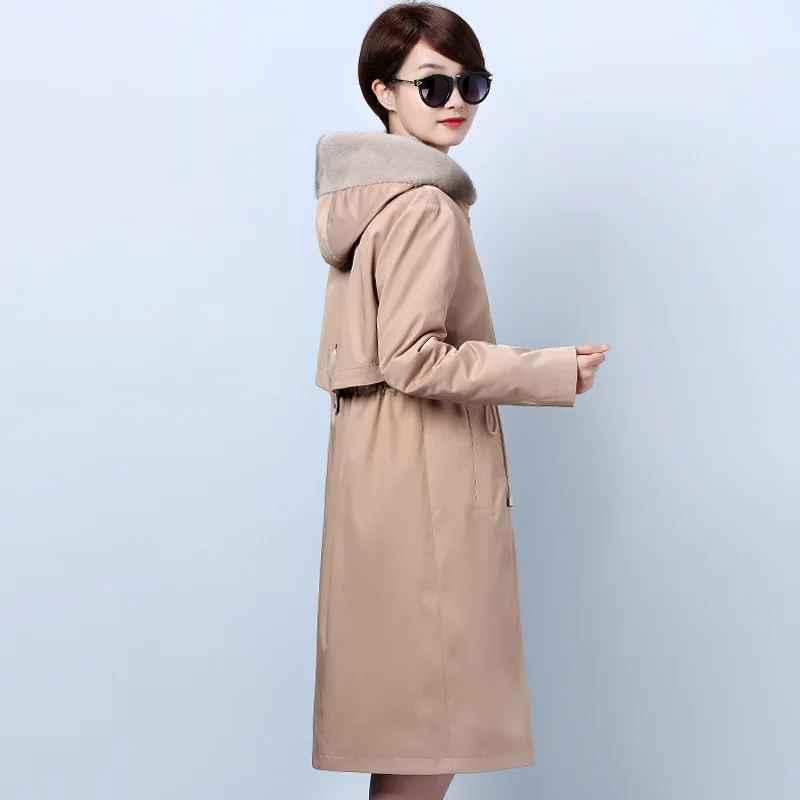 Khaki ATUNSUE пальто с натуральным мехом Женское пальто с кроличьим мехом зимнее пальто женский меховой воротник из норки настоящая меховая Парка женская одежда NKZ1951 YY1435 - Цвет: Khaki