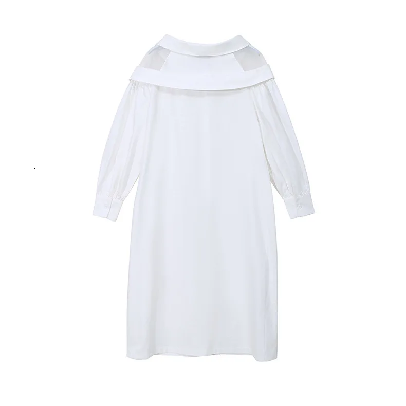 [EAM] Женская белая сетчатая рубашка с открытыми плечами, платье миди, новинка, с отворотом, длинный рукав, свободный крой, мода, весна-осень, 1N243