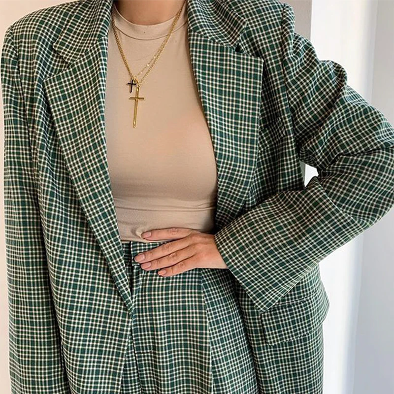 Elegant Plaid Two-pieces Women Blazer Suit Casual Female Blazer Set