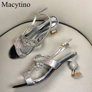 

Strange heel rhinestone ladies sandals silver purple gold thick heel crystal shoes summer ladies wedding shoes