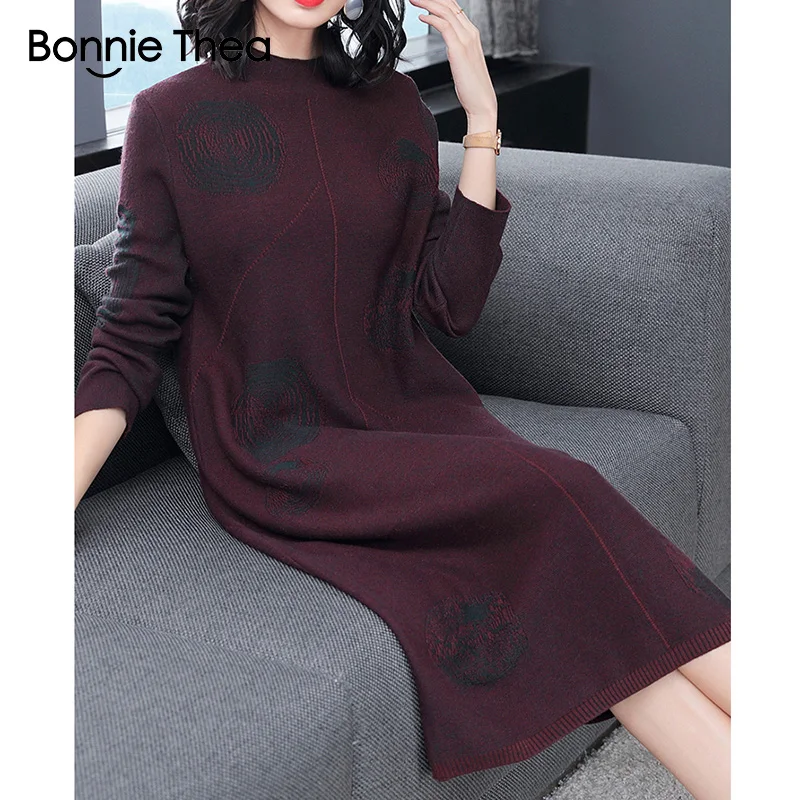 Женское зимнее вязаное платье свитер Bonnie Thea с высоким воротником для вечеринки
