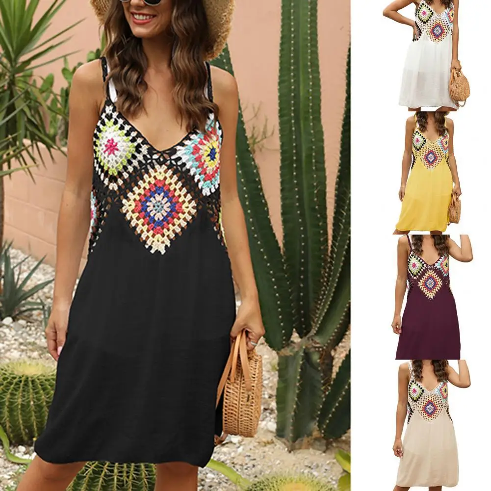 ผู้หญิงชุดถักโครเชต์สปาเก็ตตี้ฤดูร้อน Patchwork V คอ Beach Cover Ups