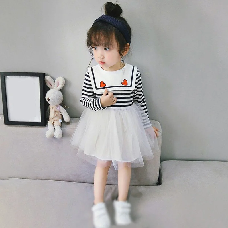 

Girls Dress For Autumn Leisure Baby Girls Dress Striped Pattern Comfortable Patchwork Mesh Dress Kids Sundress Causal Dress