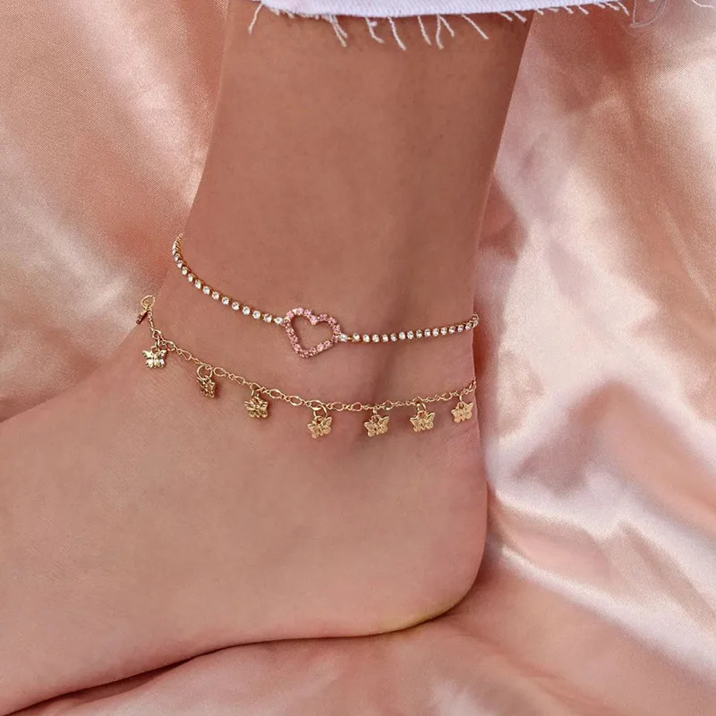 2 Pcs/Set Sweet Butterfly Pendant Anklet Bracelet Women Fashion Beach Crystal Heart Foot Chain Ankle Bracelet Jewelry Gifts 2 Pcs/Set Sweet Butterfly Pendant Anklet Bracelet Women Fashion Beach Crystal Heart Foot Chain Ankle Bracelet Jewelry Gifts