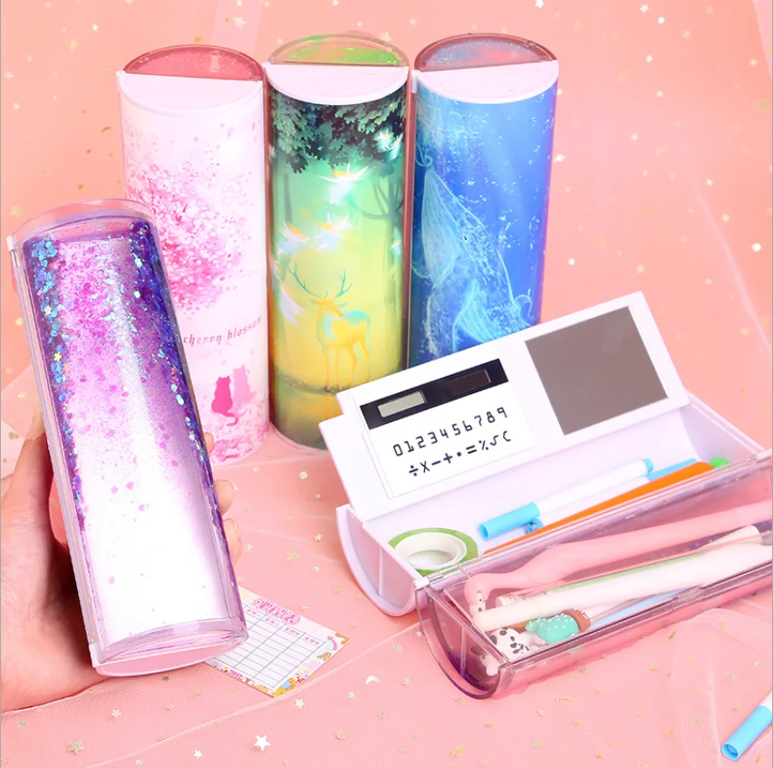 

Quicksand Translucent Creative Multifunction Cylindrical Pencil Box Case 2019 school Stationery Pen Holder Pink Blue calculator