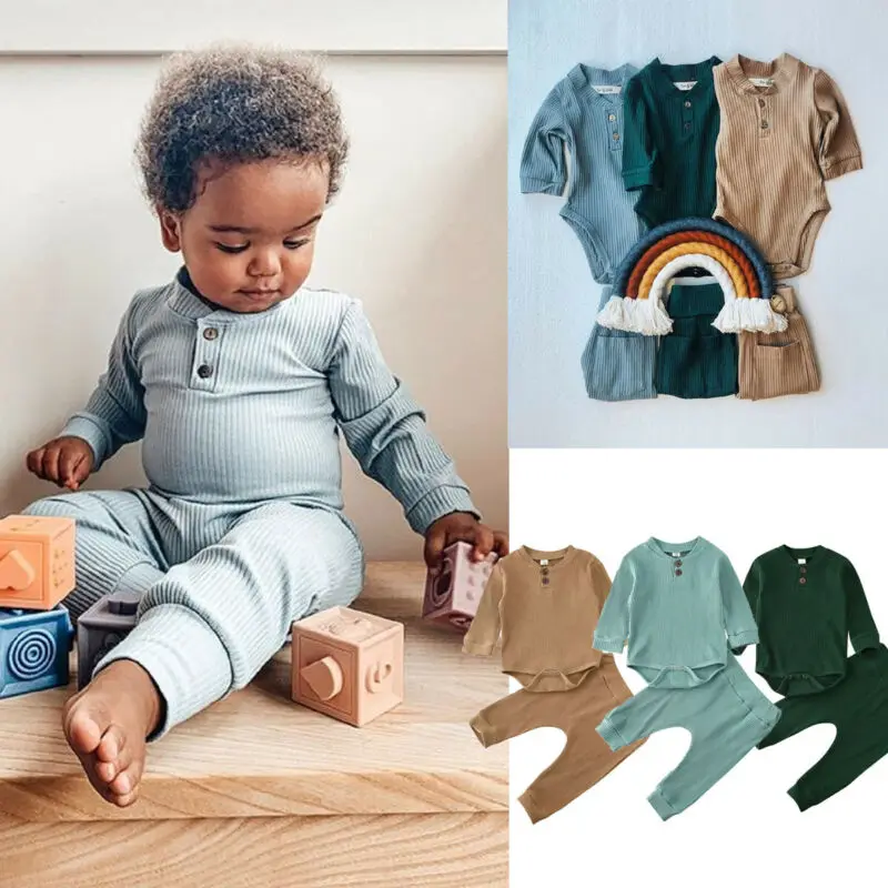 

Newborn Kids Baby Girl Boy Ribbed 2Pcs Sets Long Sleeve Romper+Pants Leggings Solid Unisex Baby Clothes Autumn Outfits 0-24M