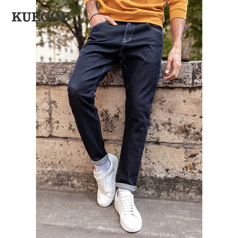 KUEGOU cotone autunno uomo jeans blu scuro Micro elasticità primavera slim  moda jeans uomo di alta qualità pantaloni cerniera taglia LK 1838|Jeans| -  AliExpress