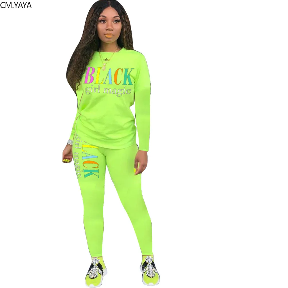 

New Autumn Black Girl Letter Print Women's set long sleeve o-neck tee top pencil pants suit elegant sporty two piece set GL5260