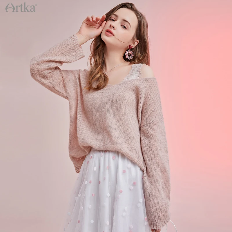 

ARTKA 2021 Spring New Women Sweater Elegant V-Neck Pink Wool Knitwear Loose Soft Mohair Long Sleeve Knitted Sweaters YB25015C