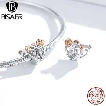 

BISAER Charms 925 Sterling Silver Rose Flower Heart Rose Gold Bead Pendant Fit Pan Original Bracelets For Women Jewelry EFC280
