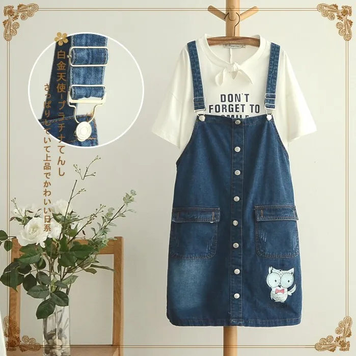 

2017 Spring Clothing New Style Fresh Simple Versatile Denim Braces Skirt Japanese-style Cat Printed Cowboy Strap Dress