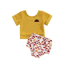 

Infant Kids Baby Clothing Summer Cotton Suit Short Sleeve Round Neck Sun Pattern Patchwork Tops Printed Triangle Shorts