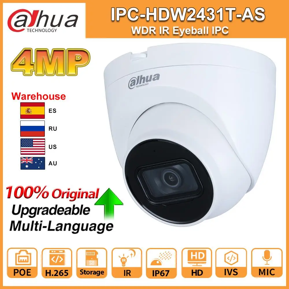 

Original Dahua IP camera 4MP Starlight IPC-HDW2431T-AS POE camera MiC SD Card Slot H.265 IP67 IVS IPC Camera VS IPC-HDW4433C-A