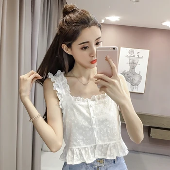 

COIGARSAM Shirt Womens tops New Hollow Out Pearl Spaghetti Strap Women shirts White Purple Blue 599