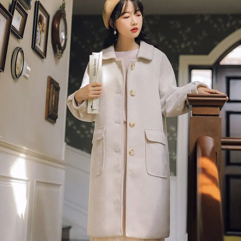 New Winter Women Wool Blends Coat Solid Full Sleeve Turn-down Collar Coats Outerwear Apricot 8856