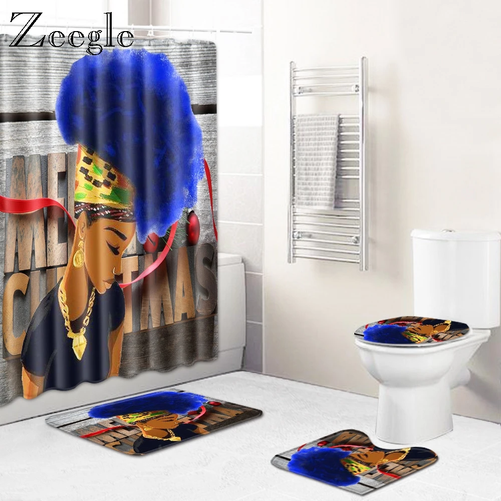 Zeegle Christmas Curtain 4pcs Bath Mat Set Soft Toilet Cover Seat Mat Absorbent Toilet Pedestal Rug Creative Shower Curtain