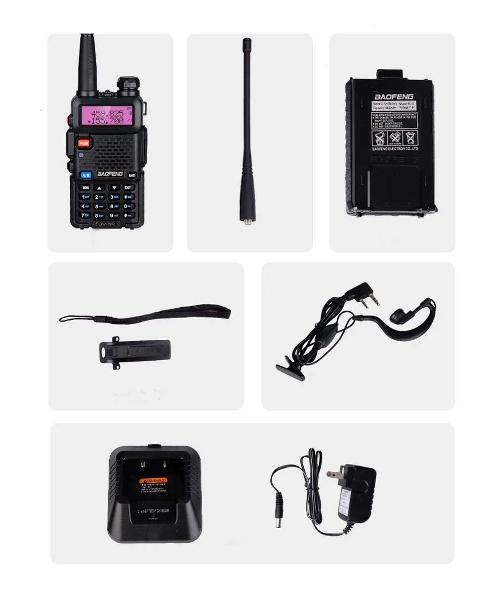 BaoFeng BF-UV 5R(UV-5R 3rd Gen) 5-ваттный двухчастотный двухстороннее радио(136-174Mhz VHF и 400-520 МГц UHF) включает в себя полный комплект