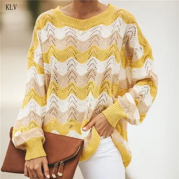 

2020 Spring Autumn Women Pullover Hollow Out Sweater Oversized Wave Stripe Jumper Knitwear Knitting Shirt For Female Knit
