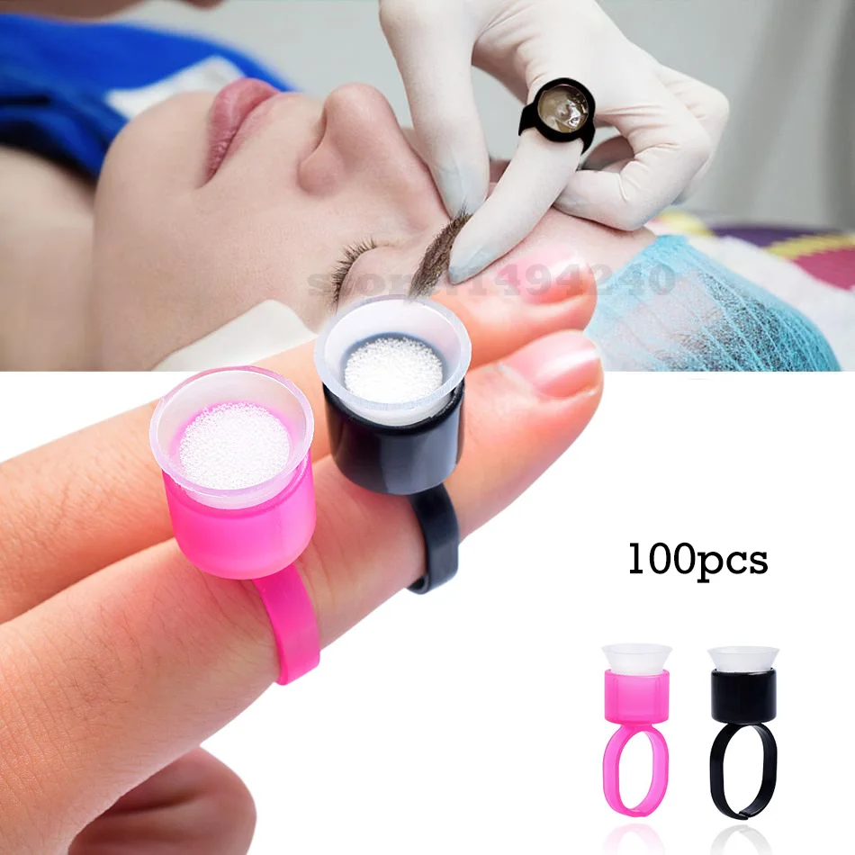 100pcs Tattoo Ink Ring Cups Glue Cap with Sponge Microblading Pigment Cup Tattoo Tool Holder Permanent Makeup Accessories Supply