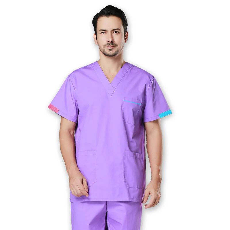 Günstige Männer Scrubs Top Farbe Blocking Design V ausschnitt Kurzarm Top Reine Baumwolle Medizinische Uniformen Sommer Arztkleidung (Nur EINE Top)