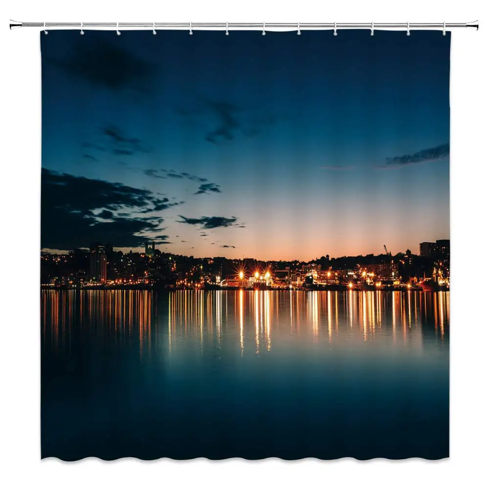 

Night Scene Shower Curtain Decor Night View Harbour Harbor Ocean Sea City Building Light Scenery Landscape Creative Bathroom