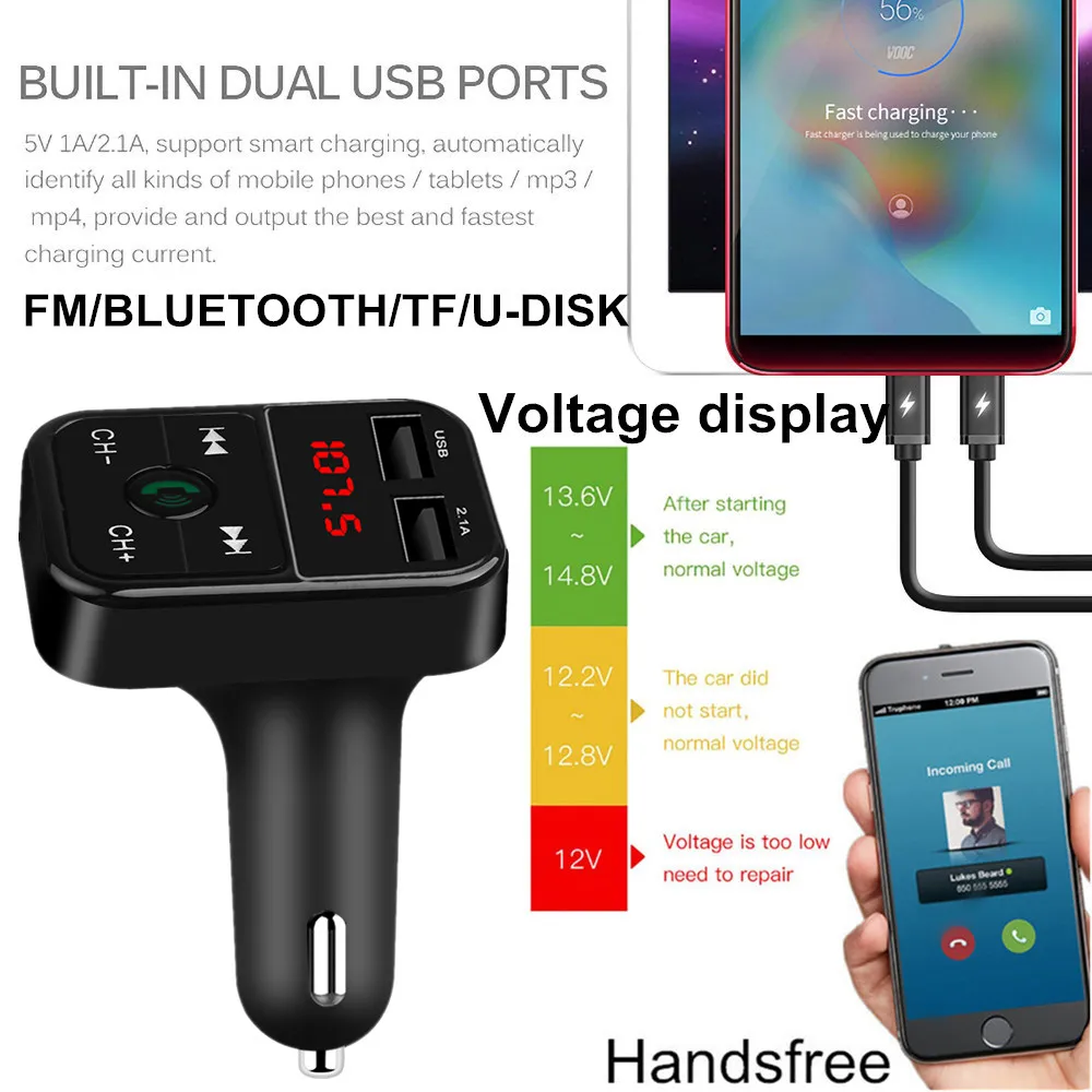 HandsFree Car Kit 2 USB Car charger adapter FM Transmitter Bluetooth FM Modulator MP3 Music Player phone Charger Mobile for all