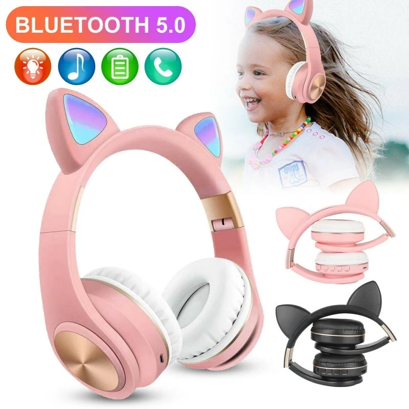 Cute Cat Ears LED Flashing Headphones Bluetooth 5 0 Young People Kids Headset Support TF Card 3 5mm Plug With Mic FM