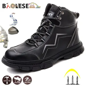 

BAOLESEM Man Safety Shoes Genuine Leather Safety Shoes Waterproof Man Work Shoes Puncture-proof Reflective Steel Cap Work Boots