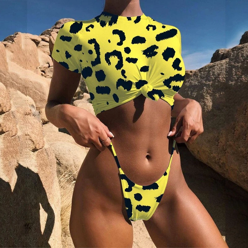 Sexy Print High Cut Bikini Set Women Leopard Patchwork Bikinis Solid Button Bathing Suit Swimwear New Snake Biquini |