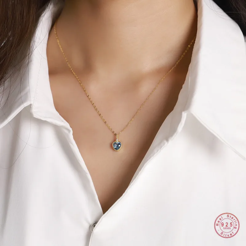 925 Sterling Silver European Blue Crystal Ocean Star Pendant Clavicle Chain Necklace Women Classic Fashion Wedding Jewelry