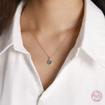 925 Sterling Silver European Blue Crystal Ocean Star Pendant Clavicle Chain Necklace Women Classic Fashion Wedding Jewelry