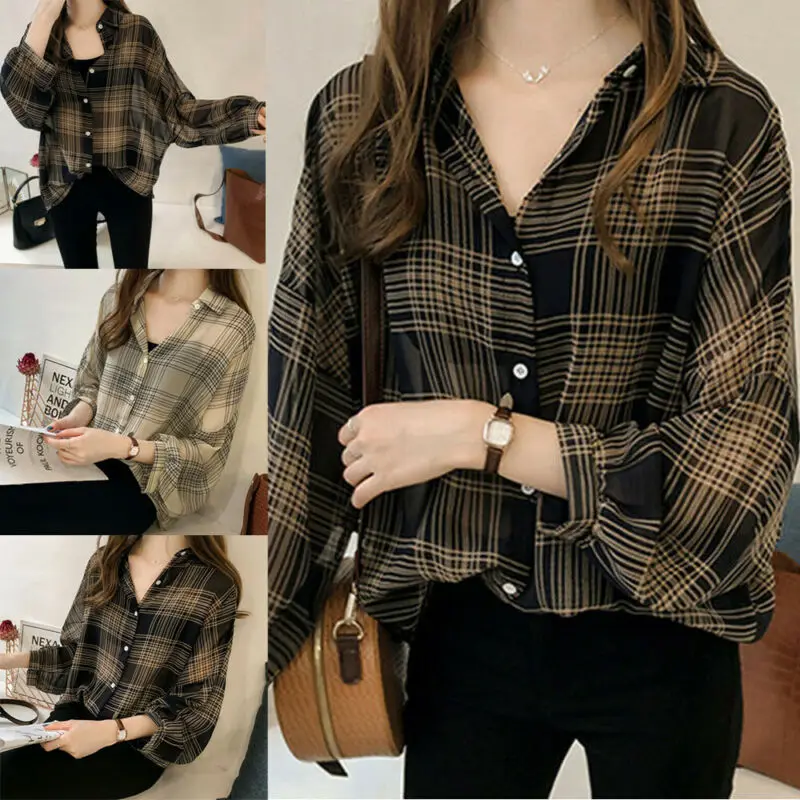 Women's Casual Check Shirts Summer Sunscreen Plaid Button Long Sleeve Baggy Shirt Ladies Blouse Tops and Blouses Plus Size M-4XL
