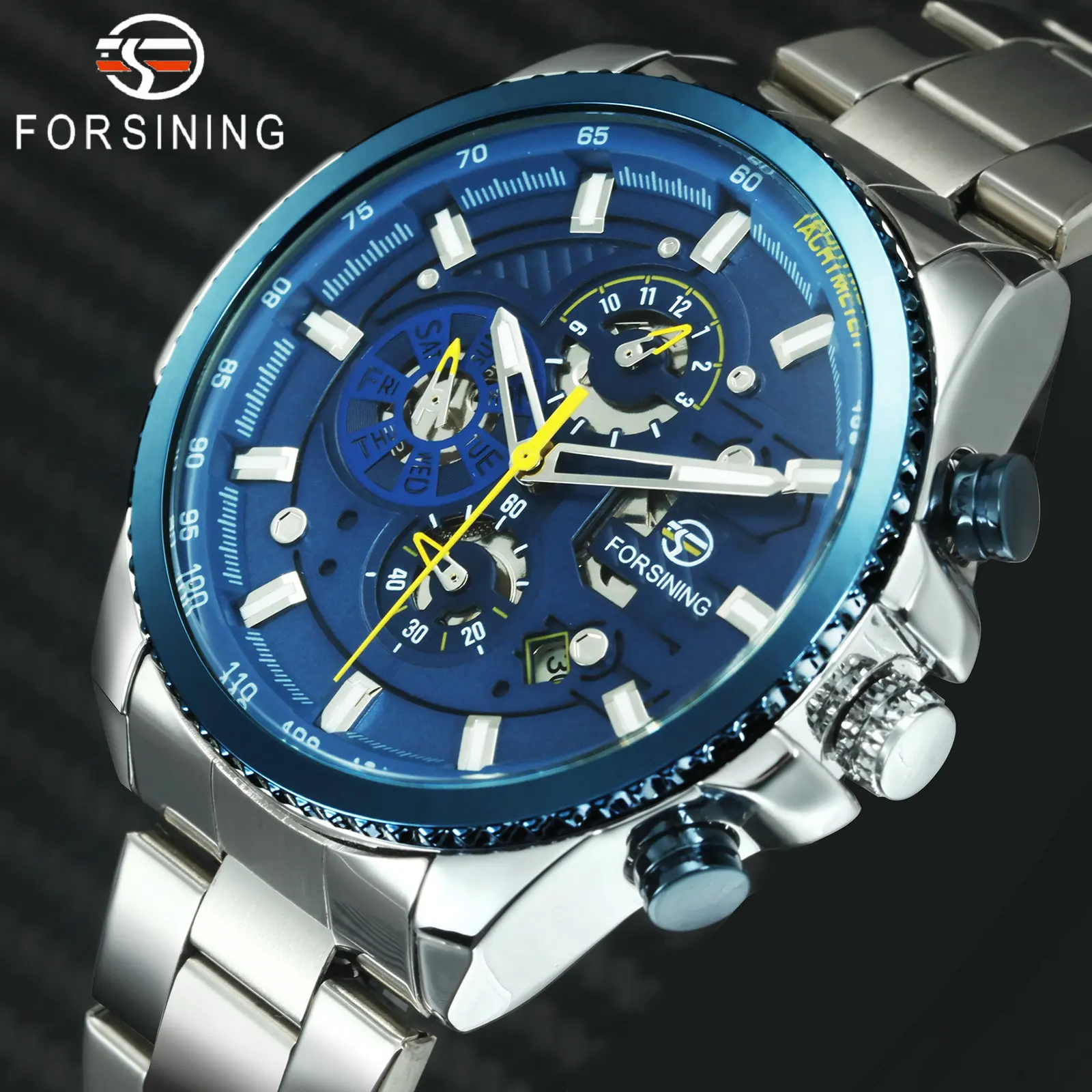 Skup FORSINING Fashion Dress automatyczny zegarek mechaniczny mężczyźni niebieska tarcza chronograf stal nierdzewna stalowy pasek męskie zegarki Top marka Luxury