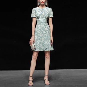 

Seifrmann Summer Women Fashion Designer A-line Dress Short Sleeve High Waist Floral Print Elegant Ladies Party Short Dresses