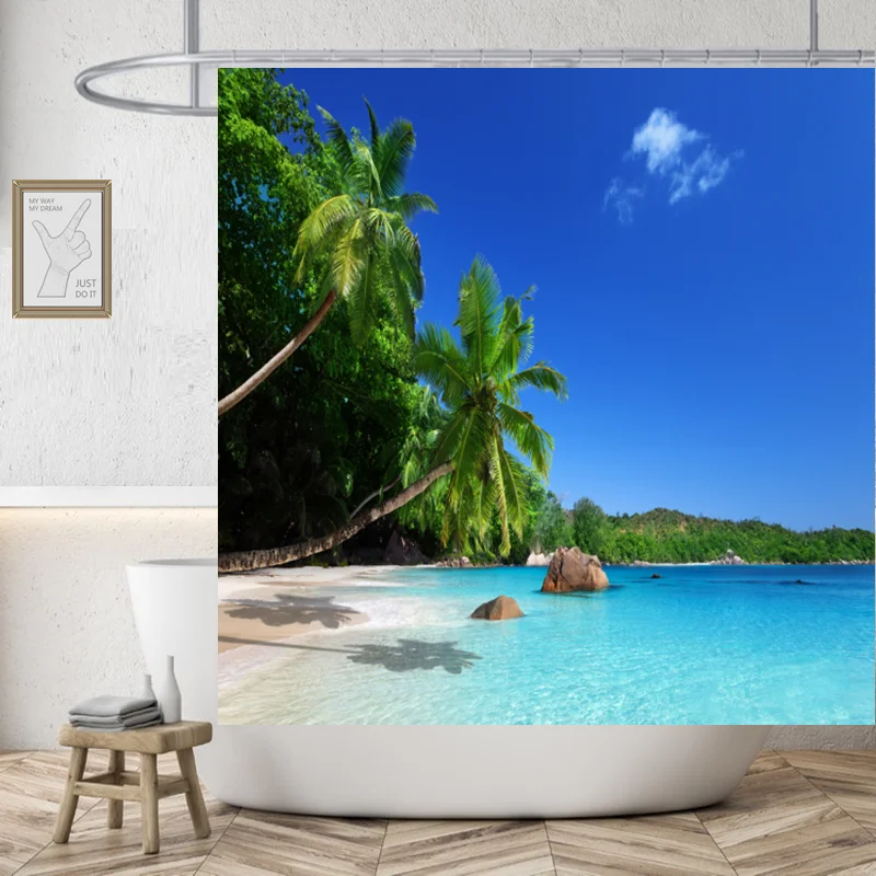 Beach High Quality Polyester Fabric Waterproof Shower Curtain 3D Washable Home Decor Nordic Style Building Bathroom Curtains