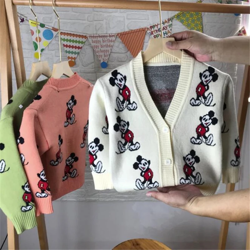 Disney Boys Girls Outerwear Mickey Mouse Sweater Long Sleeve V-neck Cardigan Tops Kids Knitted Sweater Baby Children