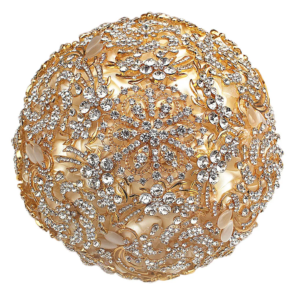 JaneVini высокого класса золотые свадебные букеты роскошный со стразами искусственные атласные розы свадебная брошь Букет Свадебные аксессуары