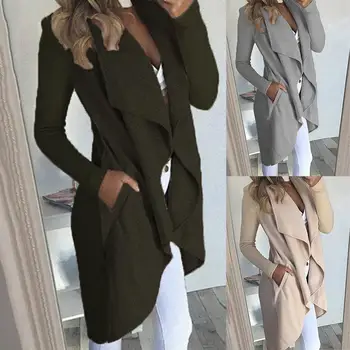 

Fashion Plus Size Simple Solid Color Women Irregular Hem Open Front Long Sleeve Lapel Cardigan Outwear women's windbreake gifts