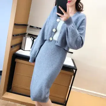 

2020 New Autumn Woman Knit Sutis Solid Open Stitch + Pencil Skrit Set for Woman Female Casual 2pcs Suit Set Winter Basic Set