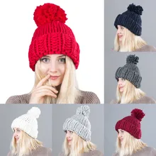 Вязанные Модные женские теплые шапки, зимняя повседневная шерстяная шапка с большим помпоном, шапка из плотной шерсти, женские Лыжные шапки