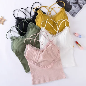 

New Cross Back Women Tanks Top Lace Camis Crop Top Summer Comfort Wireless Underwear with Chest Pad Sexy Lace Top Camisole