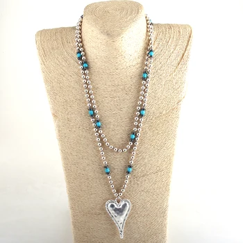 

Md Fashion Bohemian Tribal Jewelry 6mm Metal Beads / Turq Long Knotted Metal Heart Pendant Necklace For Women Necklaces