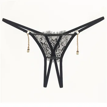 

Ladies Sexy Lace Panties Low Waist Transparent Briefs Sexy Open Crotchless T Panties Pearl Pendant Sexy Women Lingeries