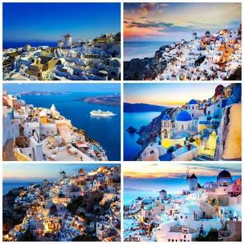 

HUACAN 5D Full Square Drill Diamond Painting Town Rhinestone Kit DIY Diamond Embroidery Landscape Mosaic Santorini Home Decor