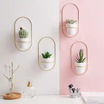 

Nordic Style Ceramics Flower Pot + Iron Plant Holders Set Indoor Hanging Planter Geometric Vase Wall Decor Succulents Plant Pots