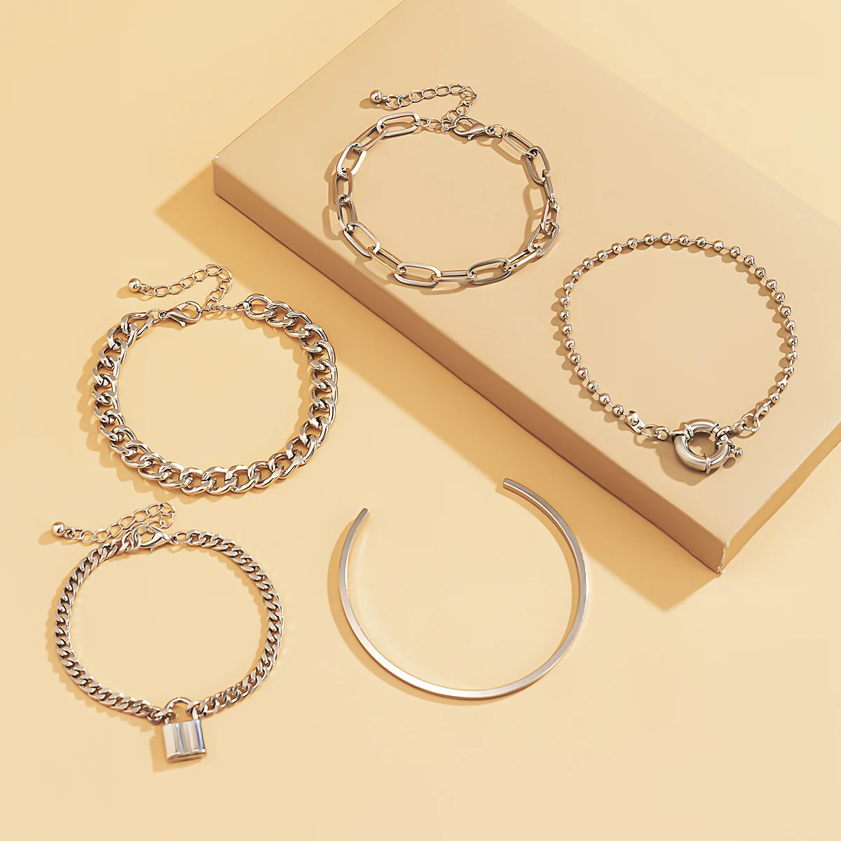 SHIXIN 5 Pcs Punk Chain Bracelets Bangles Set for Women Thick Gold/Silver Color Charm Lock Bracelets Fashion Hand Chains Jewelry