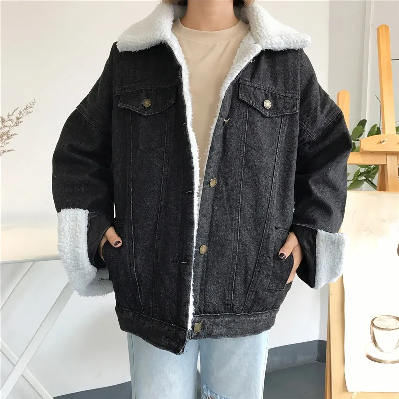 

2019 Women Lambs Wool Jean Coat Pockets Long Sleeves Warm Jeans Coat Outwear Casual Wide Denim Jacket
