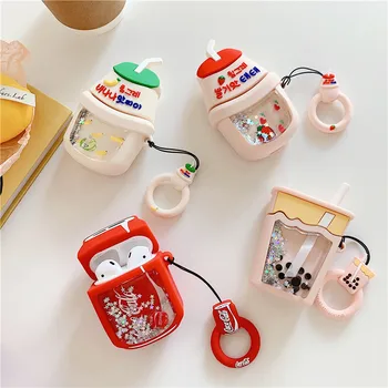 

For Airpods Case Super Cute Cartoon Drink Milk Glitter Earphone Case For Apple Airpods 2 Cover For Earpods Earbuds Ring Strap