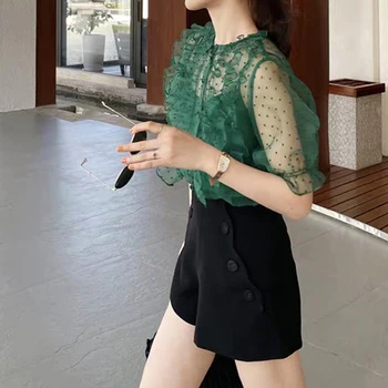 

HIGH STREET New Stylish 2020 Runway Suit Set Women's O-Neck puff sleeve Ruffles Polka Dot Blouse shirt shorts Set