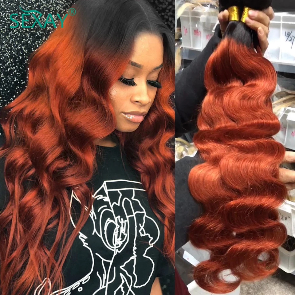 Sexay Burnt Orange Human Hair Bundles With Closure Ombre 1B/350 Remy Brazilian Body Wave Hair With Frontals 3 Pcs With Closure